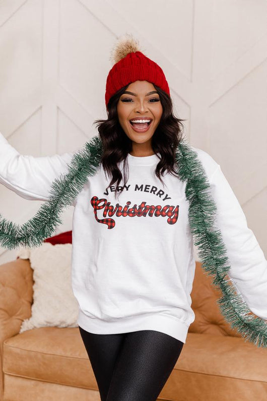 Plaid Very Merry Christmas White Graphic Sweatshirt