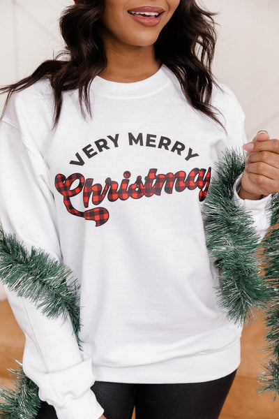 Plaid Very Merry Christmas White Graphic Sweatshirt