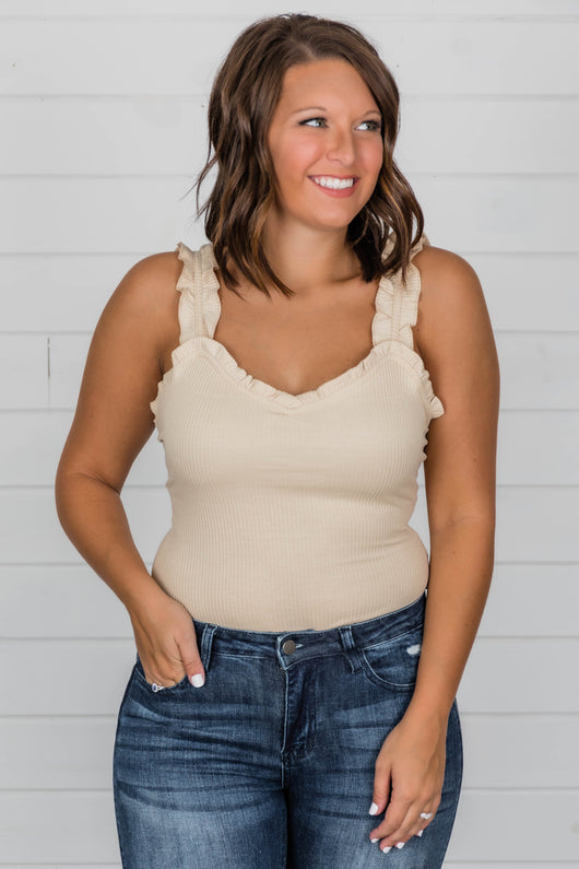 Come This Way Ruffle Strap Oatmeal Bodysuit
