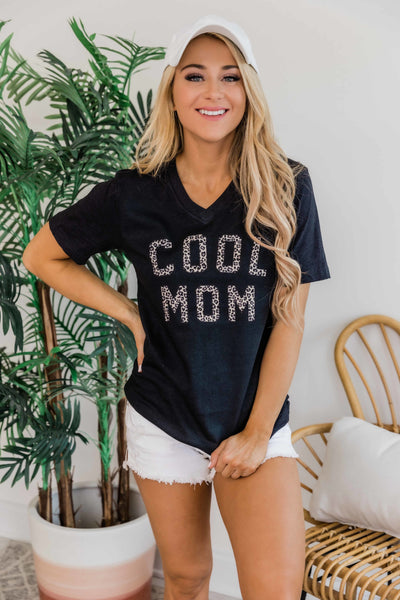 Cool Mom Animal Print Black V-Neck Graphic Tee