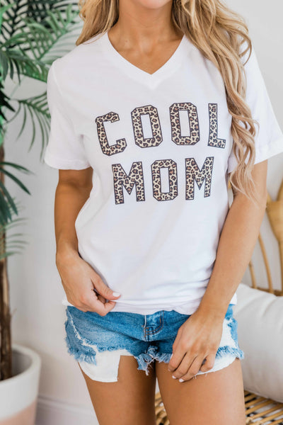 Cool Mom Animal Print White V-Neck Graphic Tee