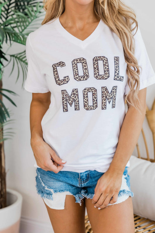 Cool Mom Animal Print White V-Neck Graphic Tee