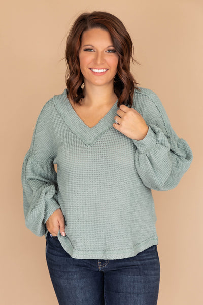Curious About You Waffle Knit Sage Blouse