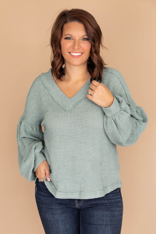 Curious About You Waffle Knit Sage Blouse