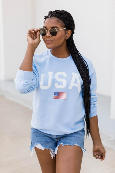 Athletic USA Flag Graphic Sweatshirt Light Blue