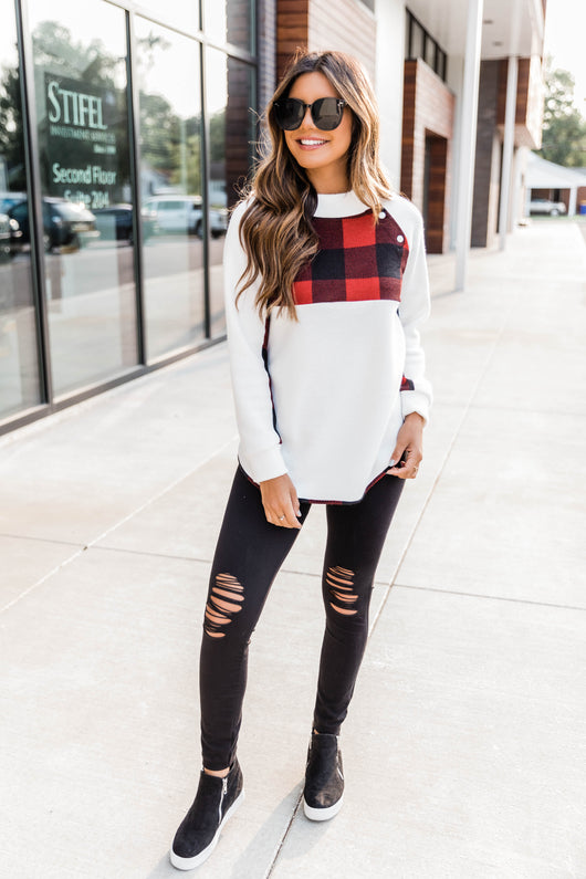 Dear To My Heart White/Red Plaid Pullover