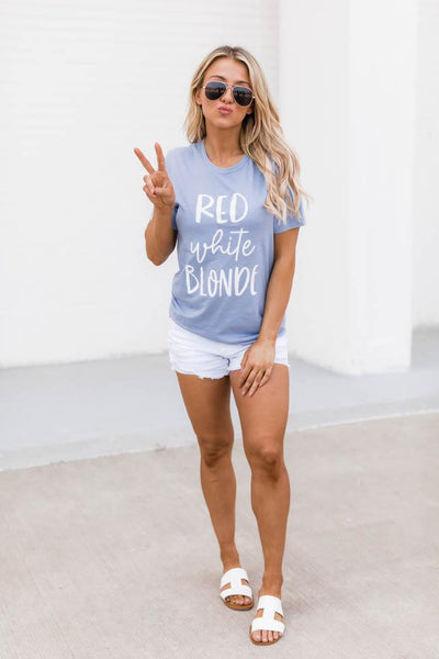 Red White Blonde Graphic Tee Dusty Blue