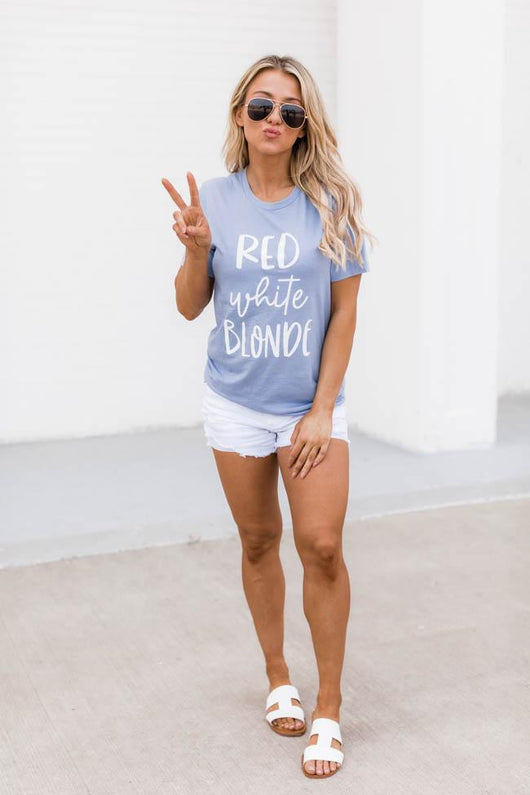 Red White Blonde Graphic Tee Dusty Blue