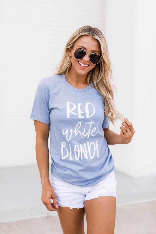 Red White Blonde Graphic Tee Dusty Blue