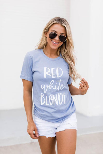 Red White Blonde Graphic Tee Dusty Blue