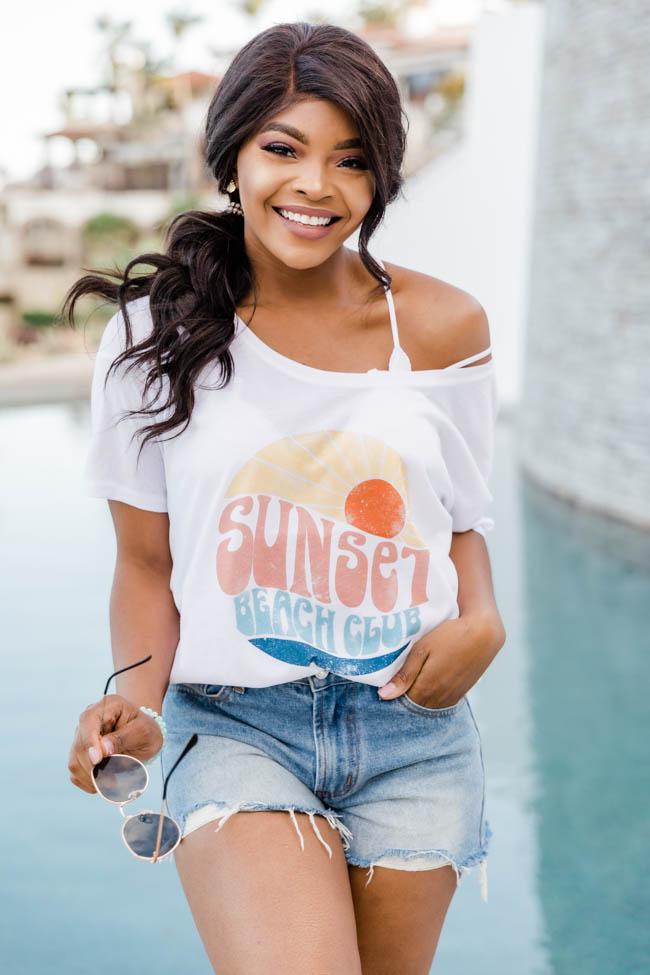 Sunset Beach Club White Slouchy Graphic Tee