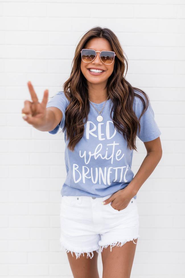 Red White Brunette Graphic Tee Dusty Blue