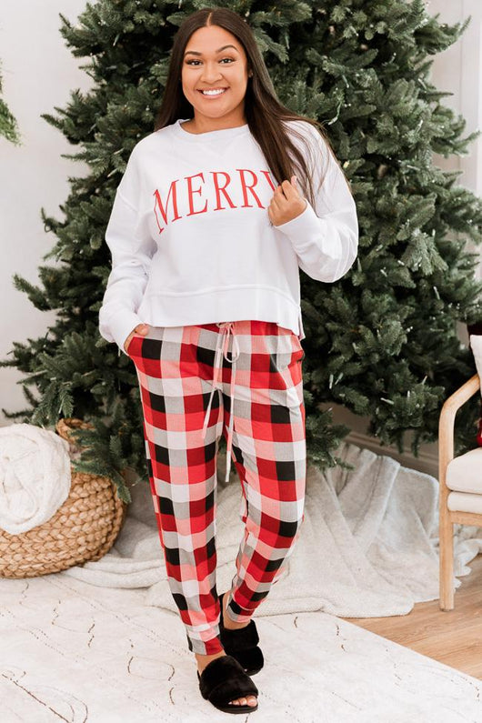 Merry Varsity White Cropped Corded Graphic Sweatshirt