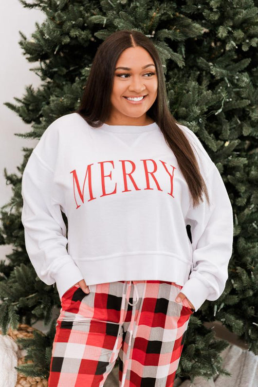 Merry Varsity White Cropped Corded Graphic Sweatshirt