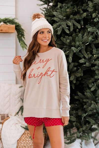 Merry & Bright Script Light Tan Graphic Sweatshirt
