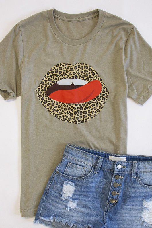 Animal Print Lips Tee Heather Stone