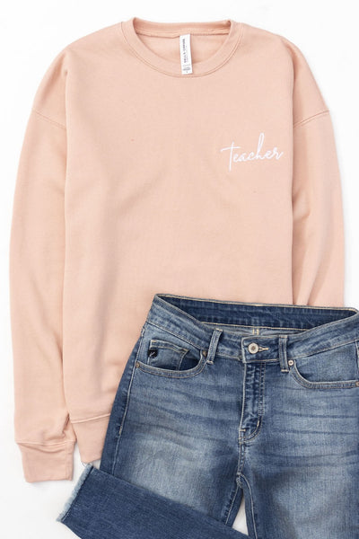 Teacher Embroidered Script Peach Graphic Sweatshirt