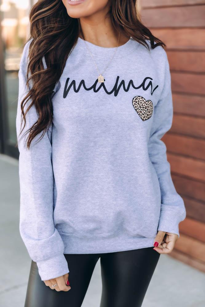 Mama Script Brown Animal Print Grey Graphic Sweatshirt