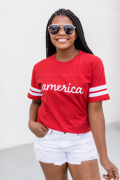 America Script Varsity Red Tee