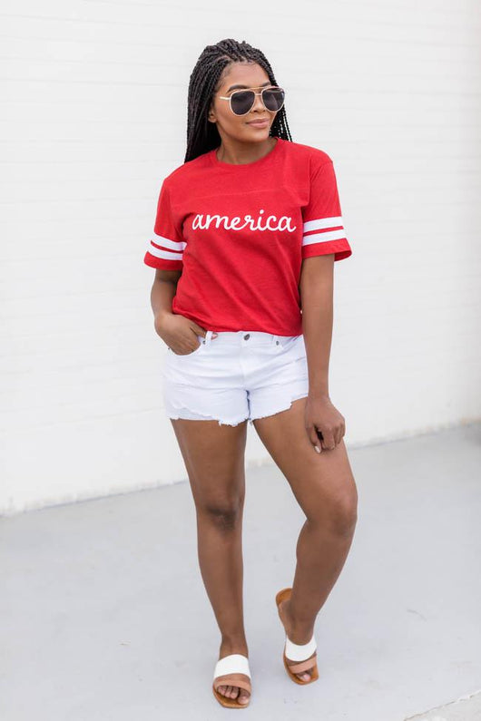 America Script Varsity Red Tee