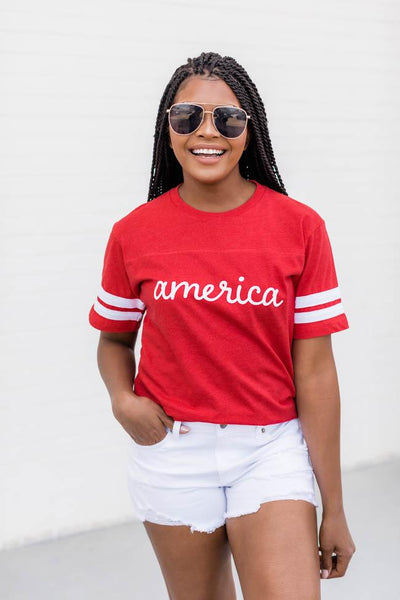America Script Varsity Red Tee