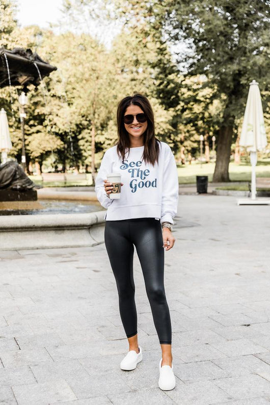 LIVING MY BEST STYLE X PINK LILY See The Good White Cropped Corded Graphic Sweatshirt