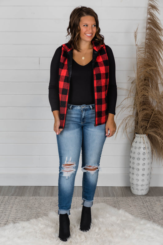 Let's Go Falling In Love Red Plaid Vest