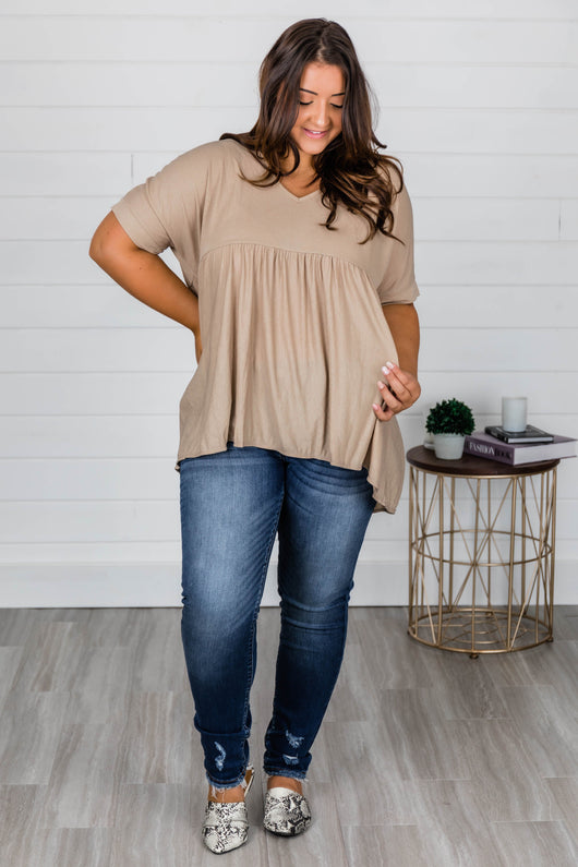 My Best Advice Babydoll Blouse Taupe FINAL SALE