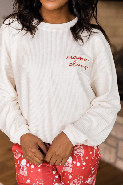 Mama Claus Embroidered Ivory Corded Graphic Sweatshirt