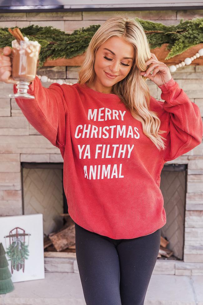 Merry Christmas Ya Filthy Animal Red Corded Graphic Sweatshirt