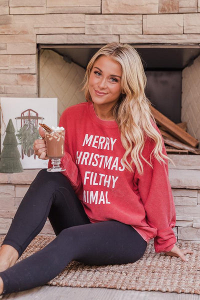 Merry Christmas Ya Filthy Animal Red Corded Graphic Sweatshirt