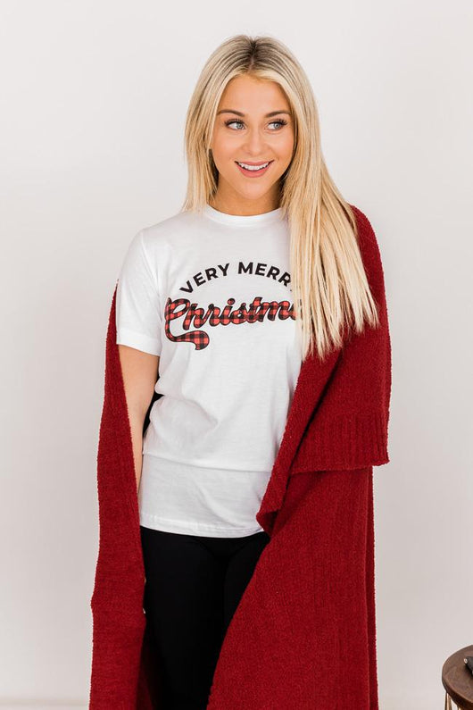 Plaid Very Merry Christmas White Graphic Tee