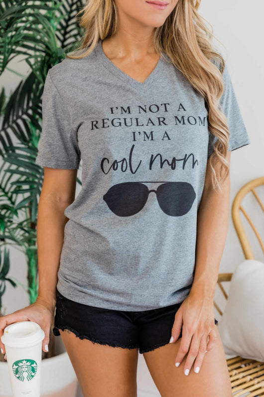 Not A Regular Mom Grey V-Neck Graphic Tee