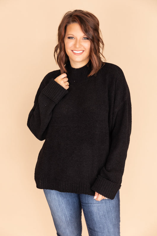 Play Your Part Mock Neck Chenille Sweater Black
