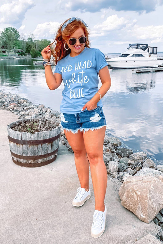 Red Head White Blue Graphic Tee Dusty Blue