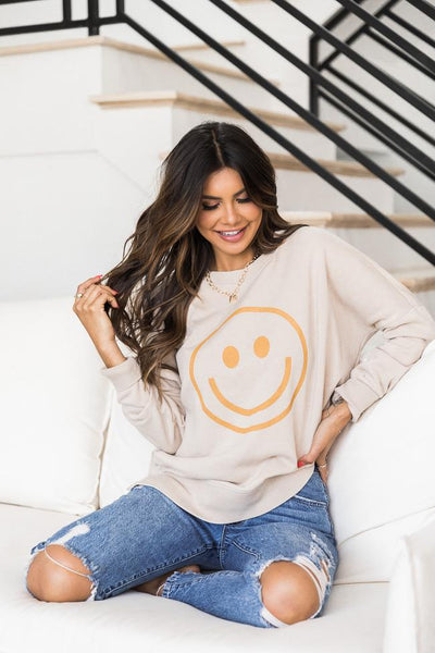 Smiley Face Light Tan Graphic Sweatshirt