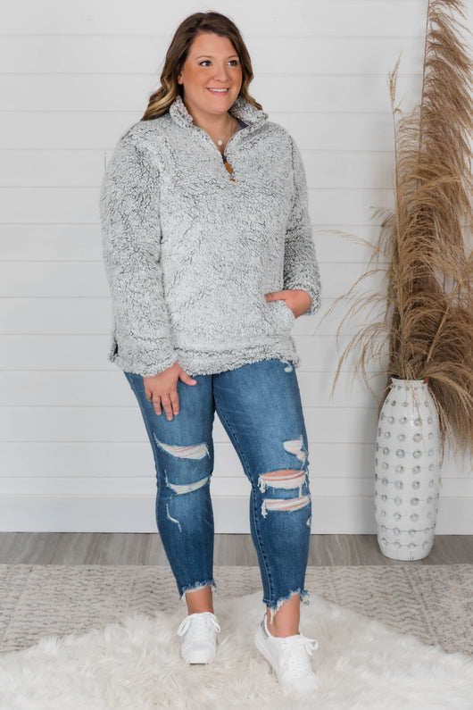 Snowy Daydreams Light Grey Sherpa Quarter Zip Pullover