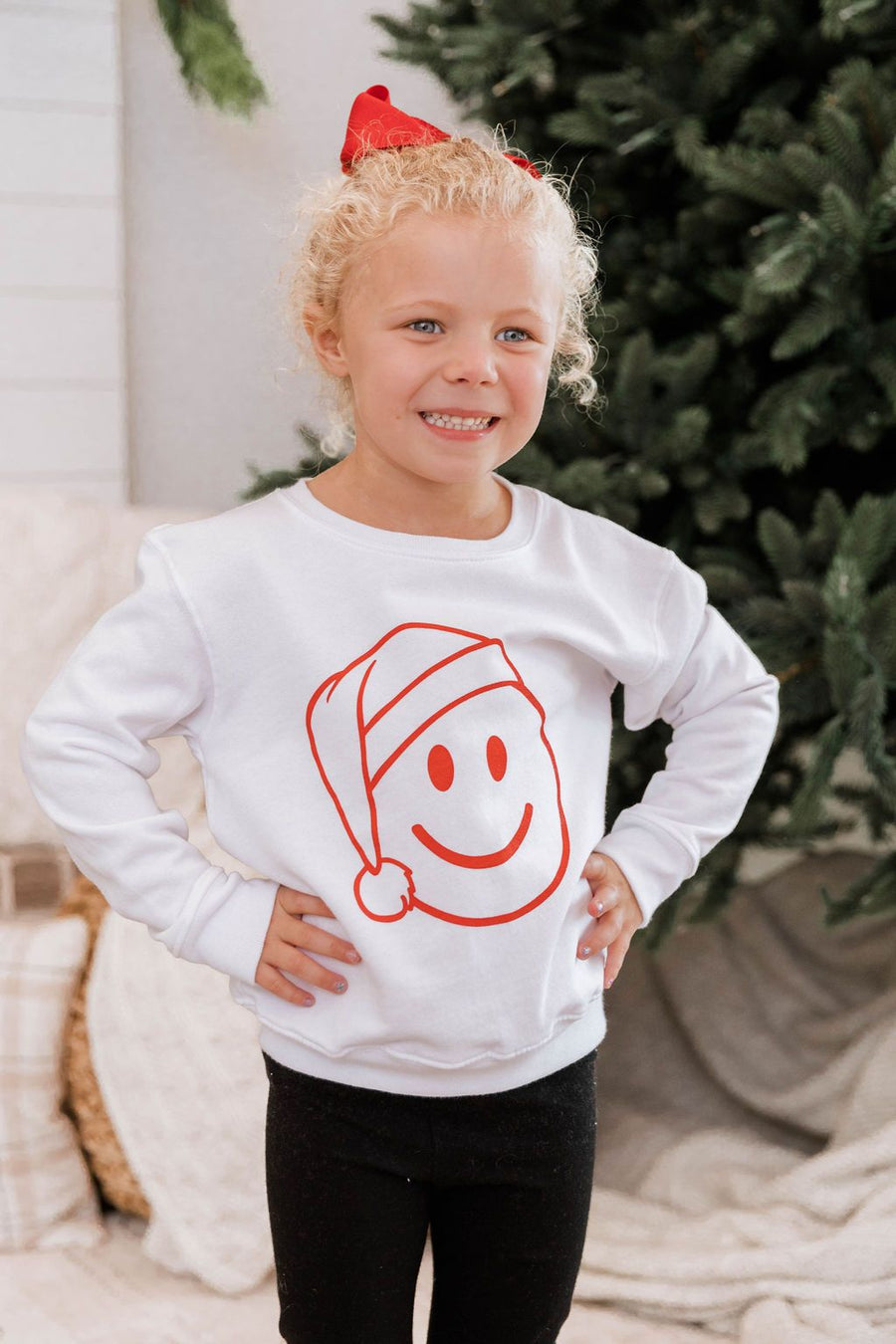 Kids Santa Smiley White Graphic Sweatshirt