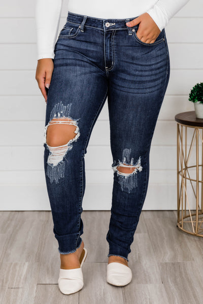 The Kallista Dark Wash Distressed Crop Jeans