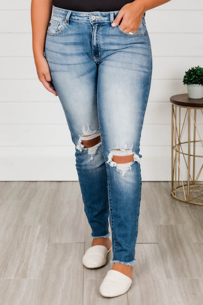 The Kallista Medium Wash Distressed Crop Jeans