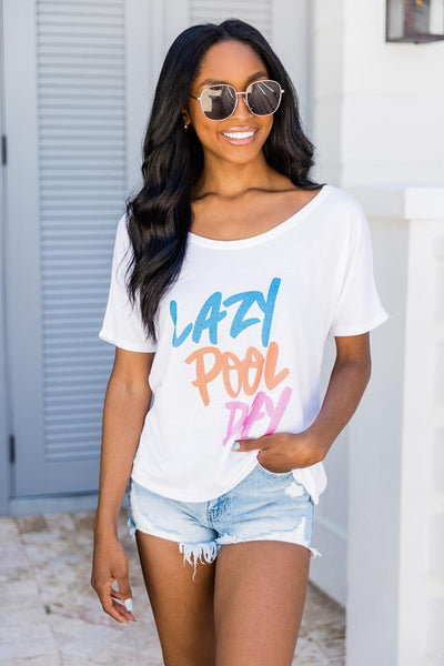 Lazy Pool Day White Graphic Slouchy Tee