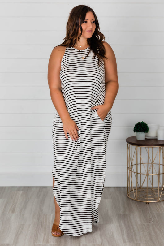 Who I'm Supposed To Be Striped Maxi Tank Dress Black/White