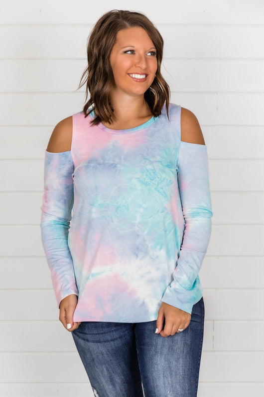 Won't Slow Down Cold Shoulder Tie Dye Blouse FINAL SALE