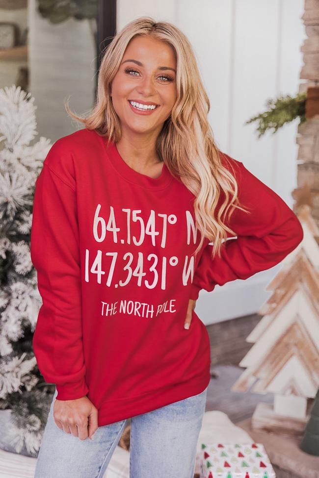 North Pole Coordinates Red Graphic Sweatshirt