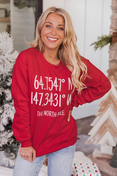 North Pole Coordinates Red Graphic Sweatshirt