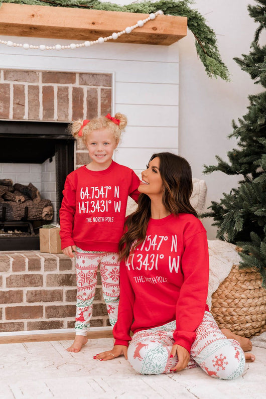 Kids North Pole Coordinates Red Graphic Sweatshirt
