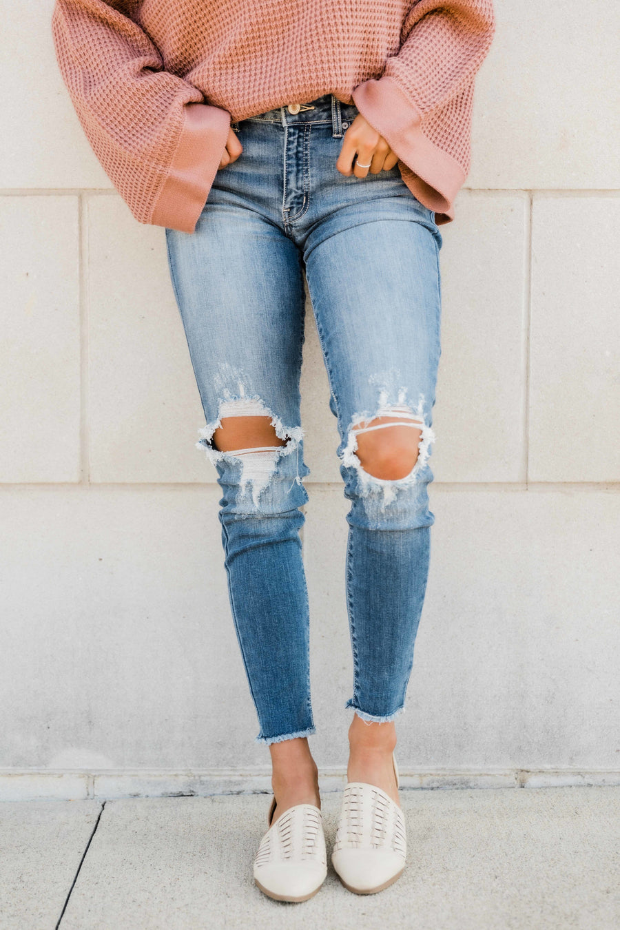 The Kallista Medium Wash Distressed Crop Jeans