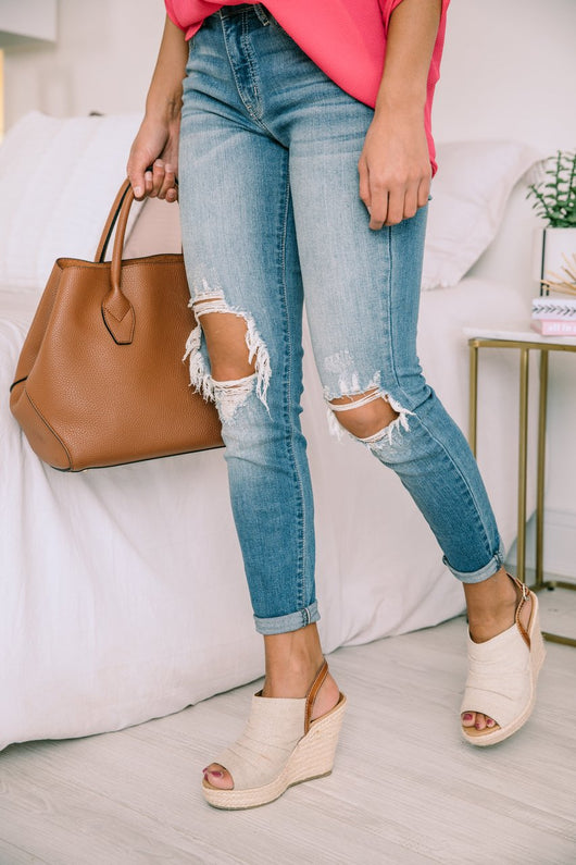 The Kallista Medium Wash Distressed Crop Jeans