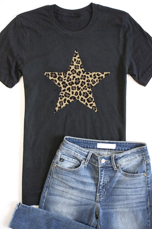 Animal Print Star Design Black Heather Graphic Tee
