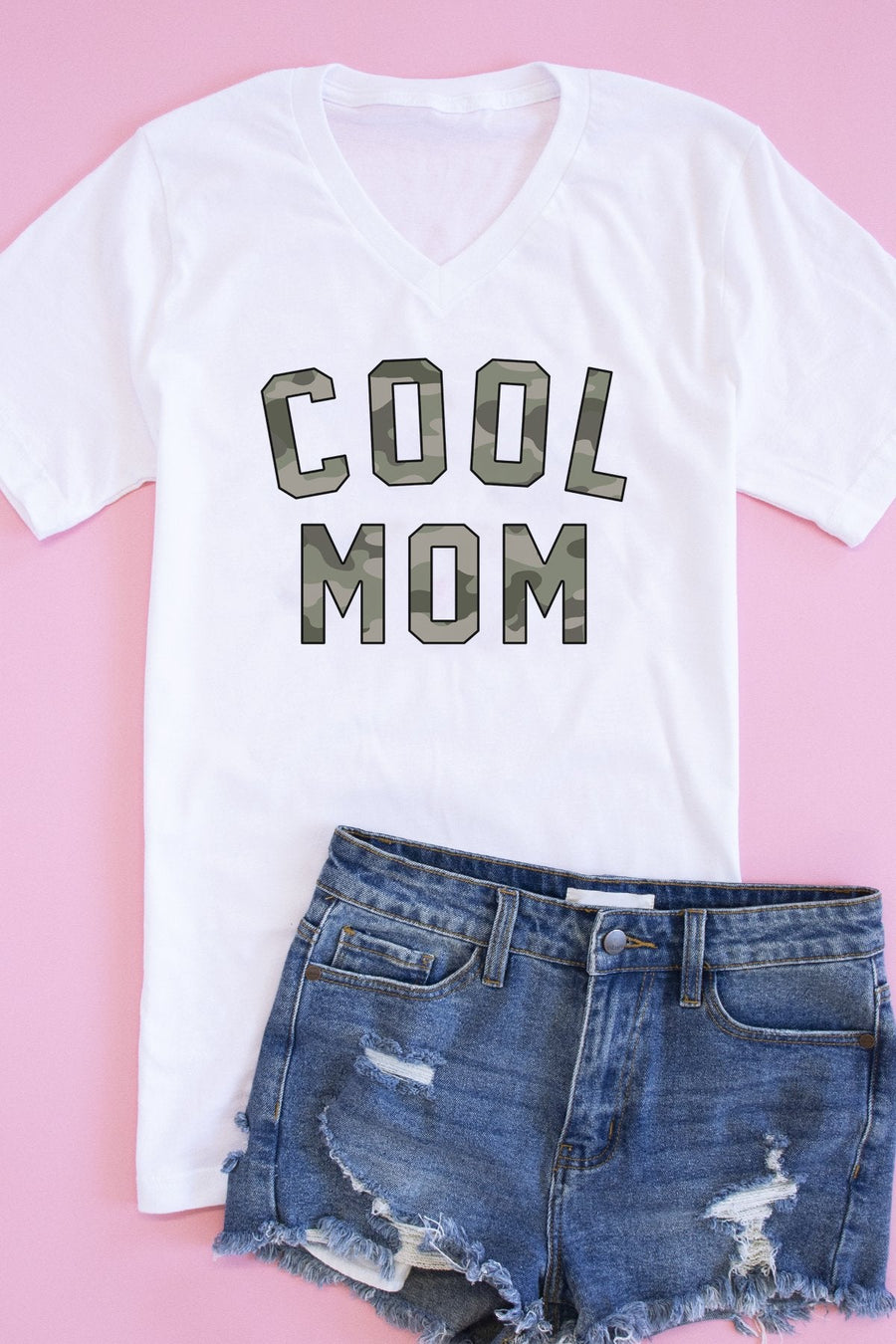 Cool Mom Camo Graphic V-Neck Tee White